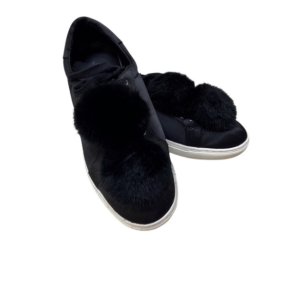 J/Slides NYC Alpha Satin Pom Poms Sneaker Black Lace Up Size 8.5 Platform - Picture 2 of 11